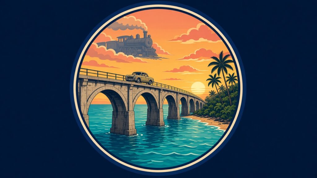Illustrated badge of a historic railroad bridge over turquoise water at sunset